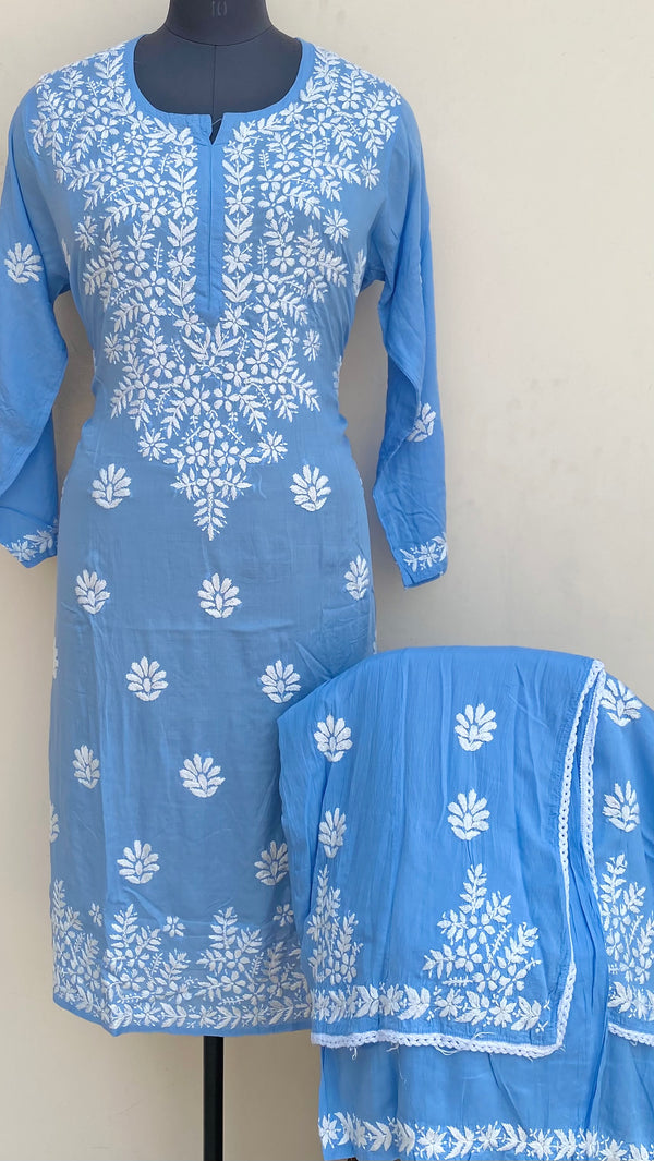 Lucknowi Chikankari Co-ord Set Blue Muslin Cotton