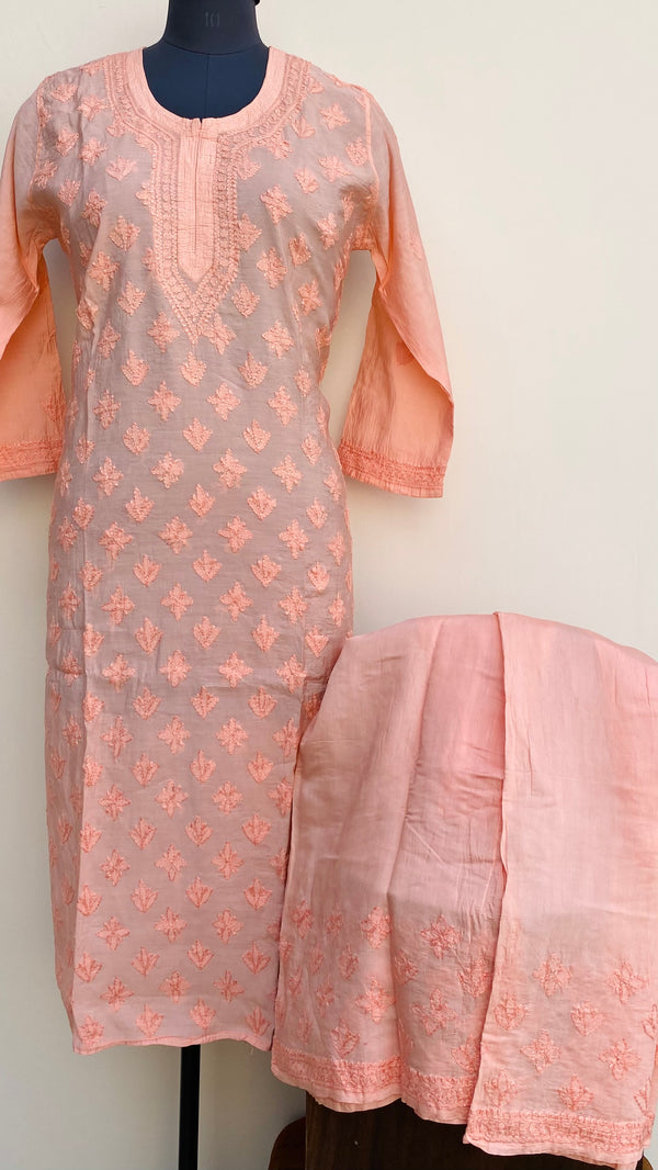 Lucknowi Chikankari Co-ord Set Peach Mal Chanderi