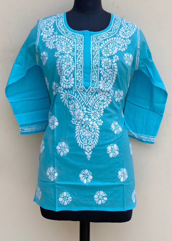 Lucknowi Chikankari Short Kurti Blue Mulmul Cotton