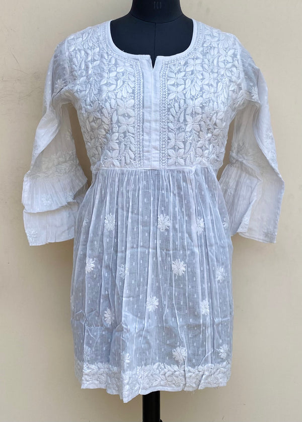 Lucknowi Chikankari Short Kurti White Mulmul Cotton With Self Work