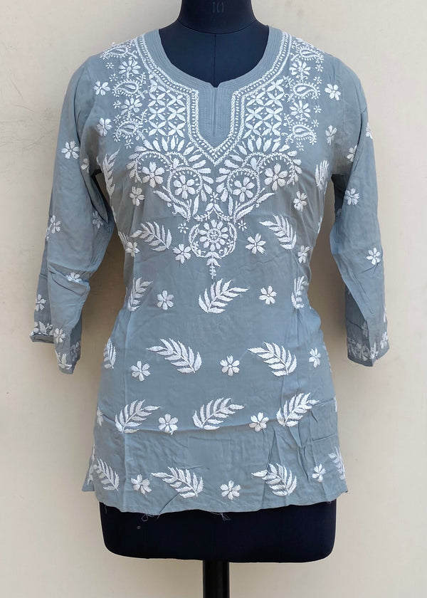 Lucknowi Chikankari Short Kurti Gray Modal Cotton