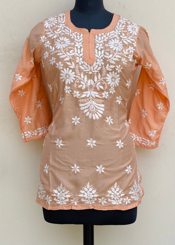 Lucknowi Chikankari Short Kurti Peach Muslin Cotton