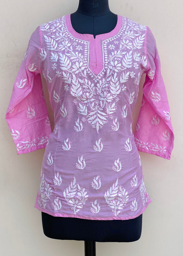 Lucknowi Chikankari Short Kurti Pink Muslin Cotton