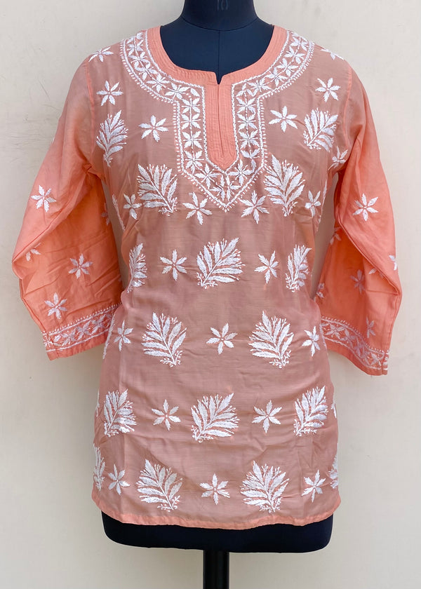 Lucknowi Chikankari Short Kurti Peach Muslin Cotton