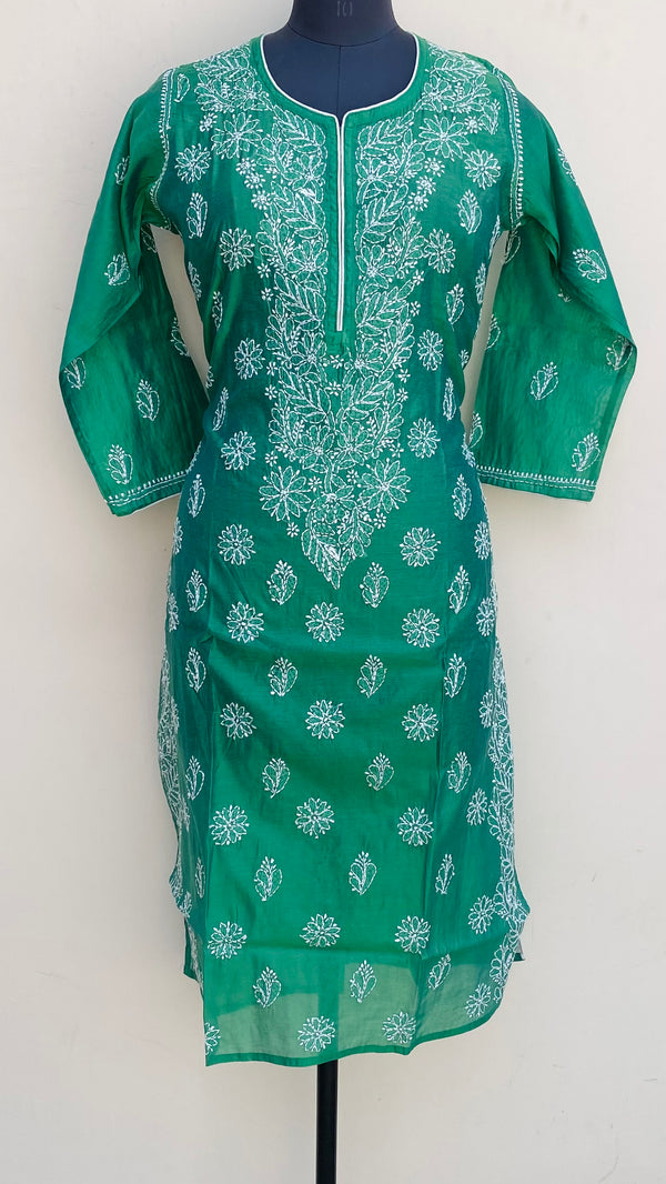 Lucknowi Chikankari Kurti Green Mal Chanderi