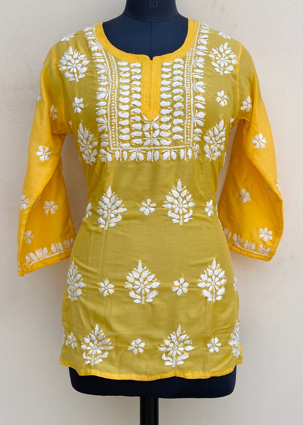 Lucknowi Chikankari Short Kurti Yellow Muslin Cotton