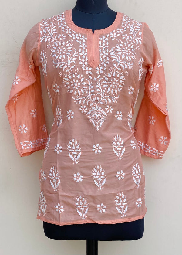 Lucknowi Chikankari Short Kurti Peach Muslin Cotton