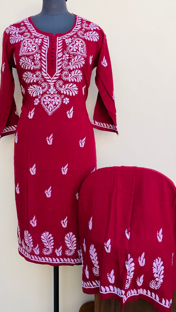 Lucknowi Chikankari Co-ord Set Maroon Modal Cotton