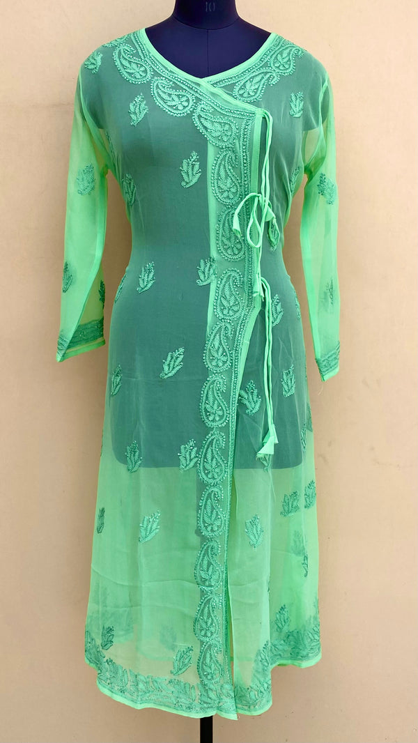 Lucknowi Chikankari Angrakha Kurti Green Georgette With Resham Work