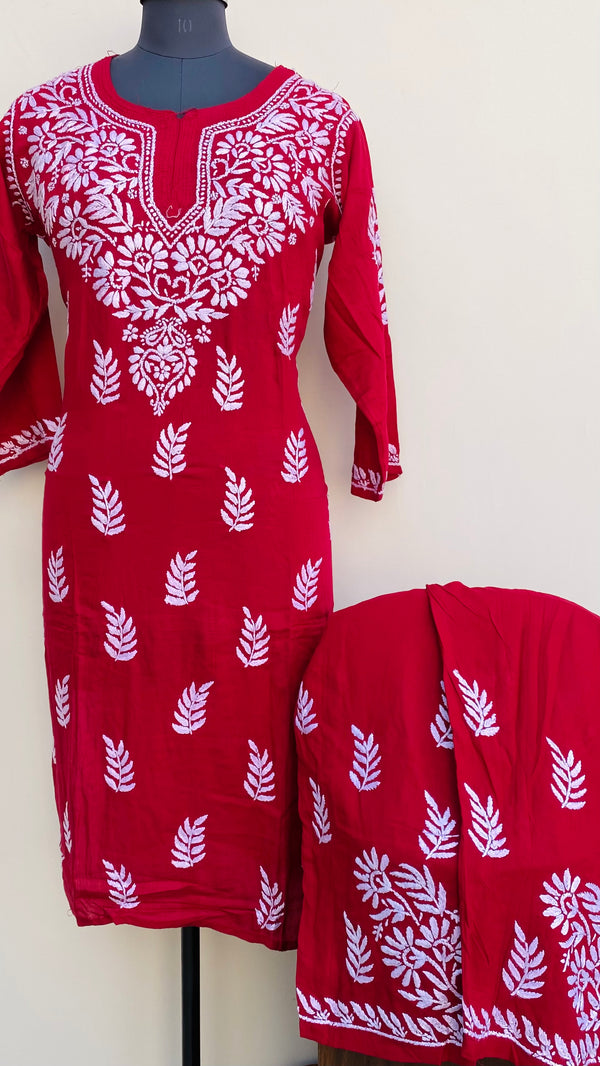 Lucknowi Chikankari Co-ord Set Red Modal Cotton