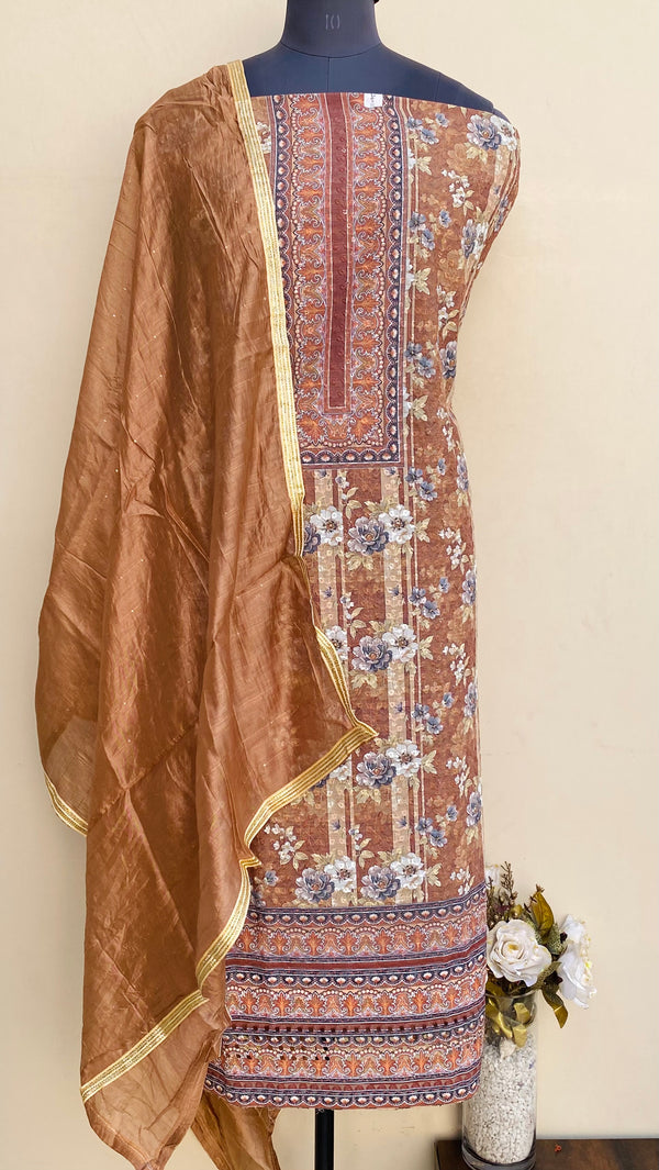 Designer Embroidered Suit Length 3 Piece Brown Cotton