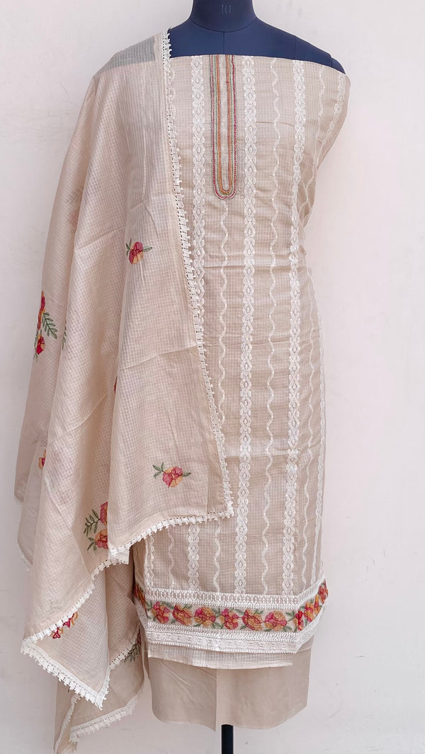 Designer Embroidered Suit Length 3 Piece Beige Kota With Sequence Work