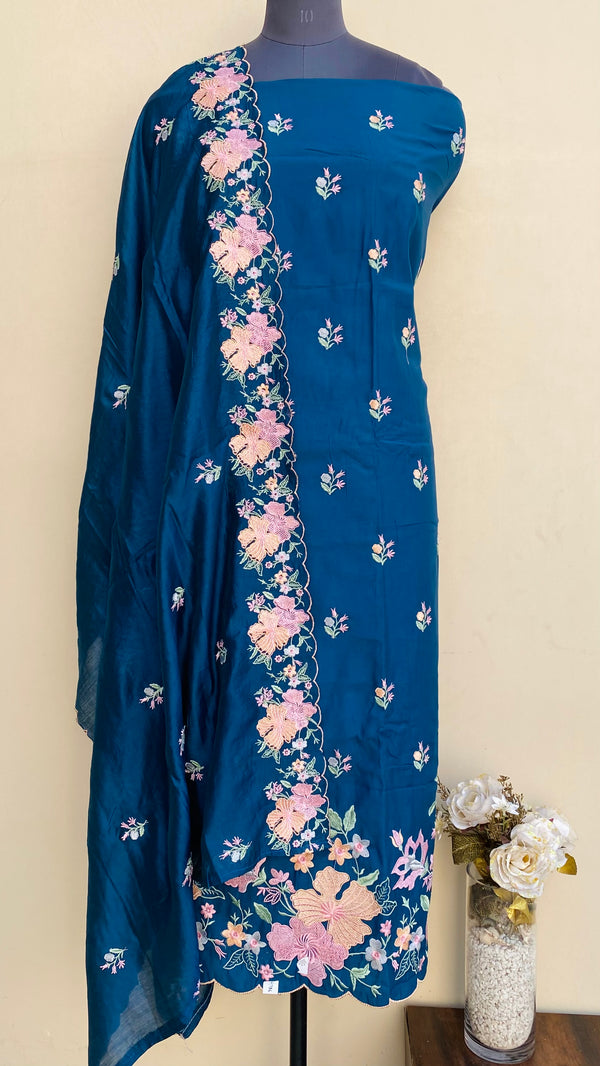 Designer Embroidered Suit Length 3 Piece Turquoise Blue Silk