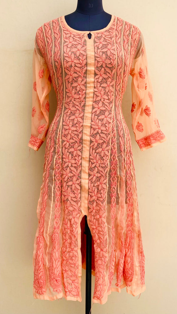 Lucknowi Chikankari Anarkali Kurti Peach Georgette