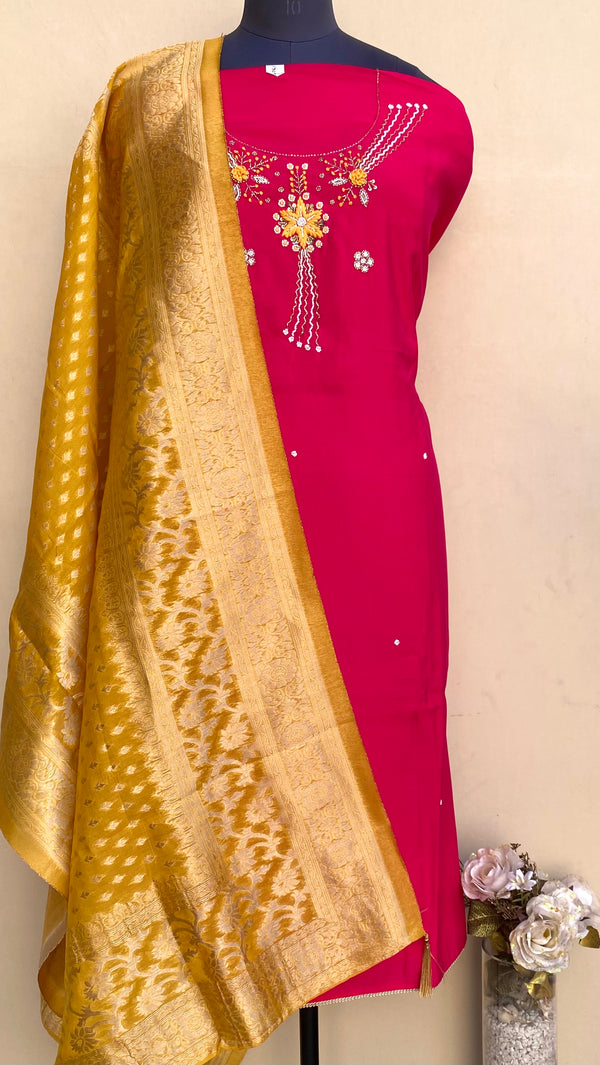 Designer Embroidered Suit Length 3 Piece Rani Pink Muslin Cotton With Pearl & Cutdana Work