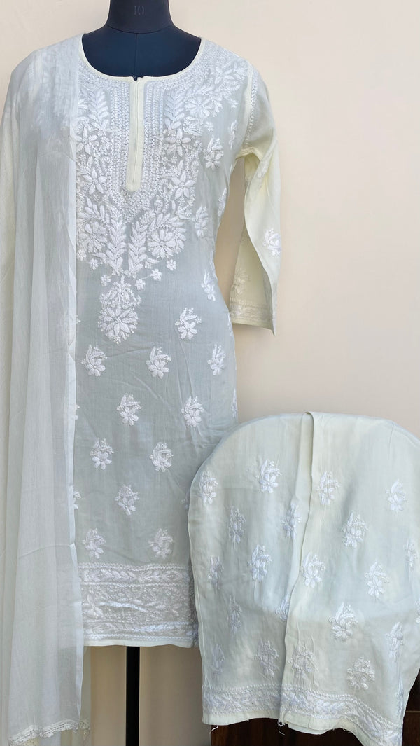 Lucknowi Chikankari Co-ord Set Cream Modal Cotton With Chiffon Dupatta