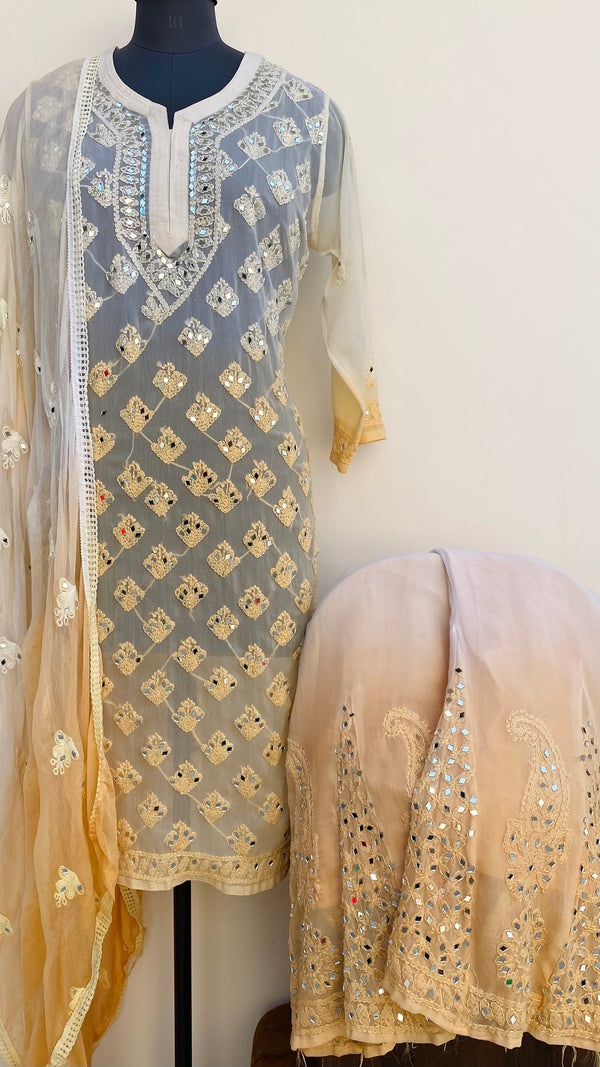 Lucknowi Chikankari Ombre Co-ord Set Peach Georgette With Mirror Work With Embroidered Chiffon Dupatta