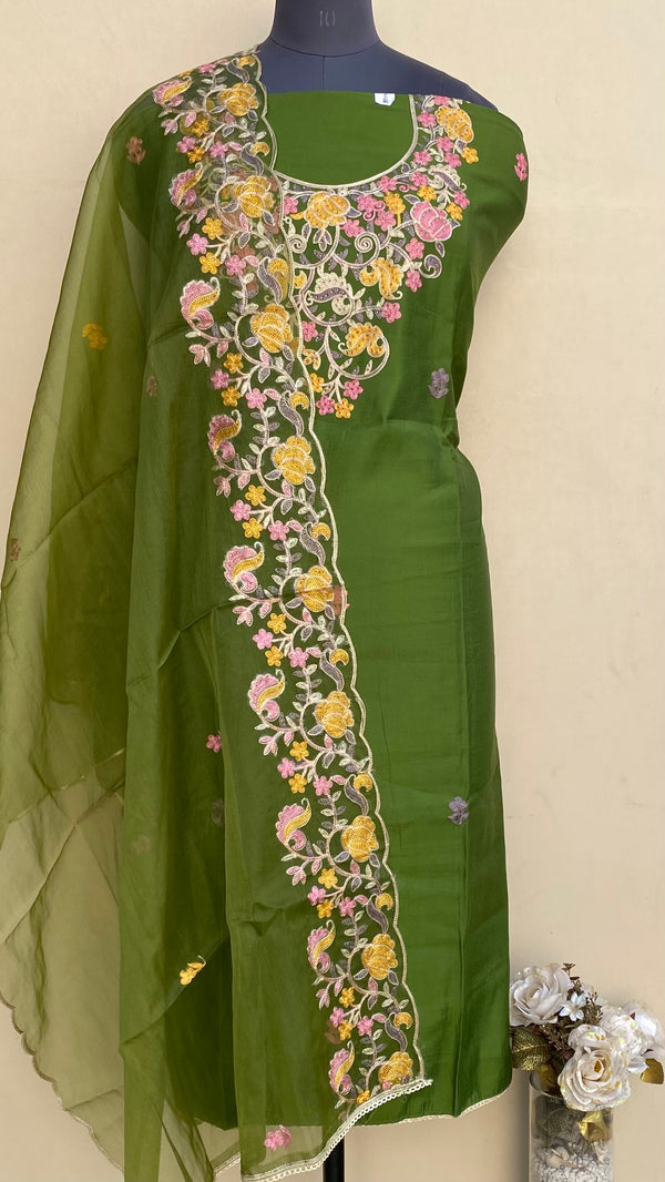 Designer Embroidered Suit Length 3 Piece Mehndi Green Muslin Cotton