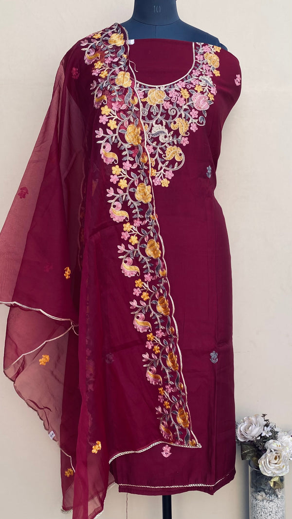 Designer Embroidered Suit Length 3 Piece Maroon Muslin Cotton