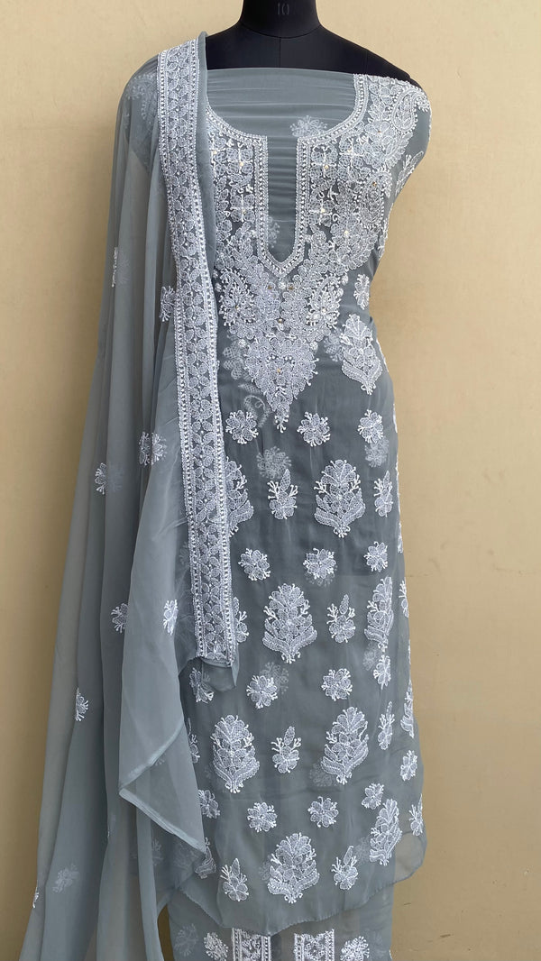 Lucknowi Chikankari Suit Length 3 Piece  Gray Georgette With Mukaish Work