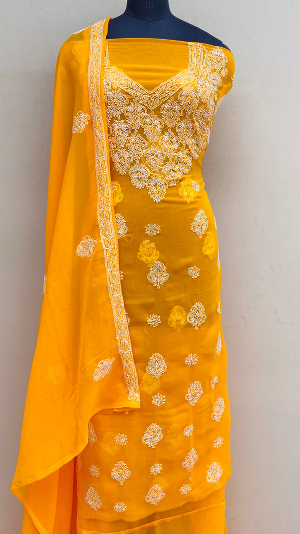 Lucknowi Chikankari Suit Length 3 Piece Orange Georgette