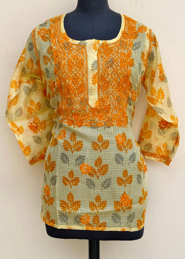 Lucknowi Chikankari Printed Short Kurti Yellow Kota