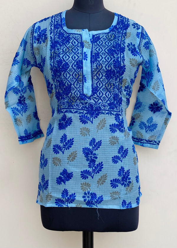Lucknowi Chikankari Printed Short Kurti Blue Kota