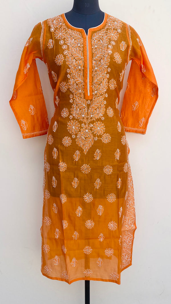Lucknowi Chikankari Kurti Orange Mal Chanderi