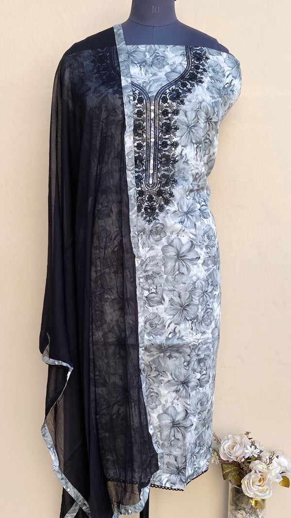 Designer Embroidered Suit Length 3 Piece Gray Mal Cotton