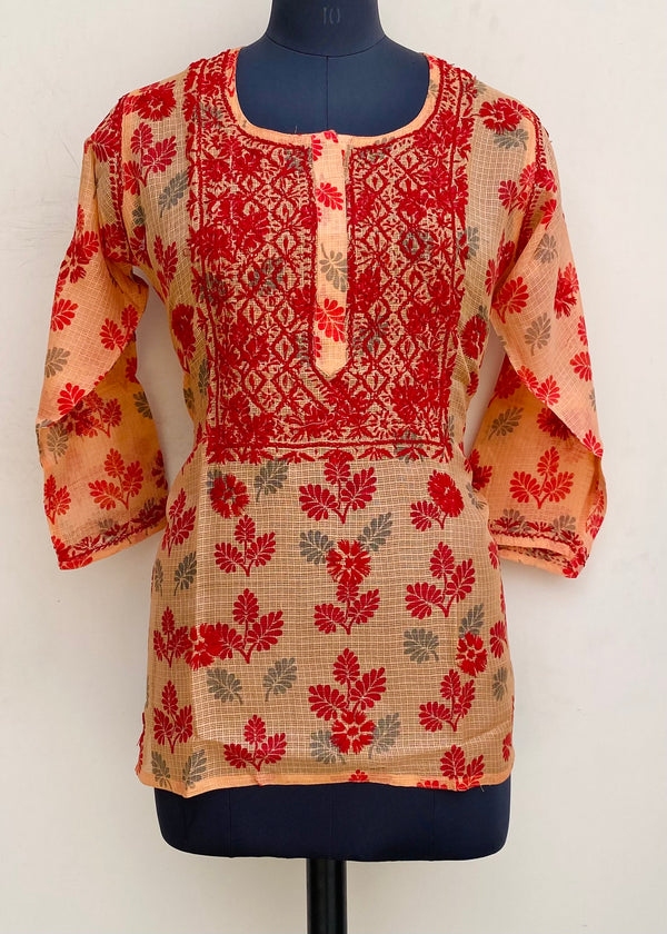 Lucknowi Chikankari Printed Short Kurti Peach Kota