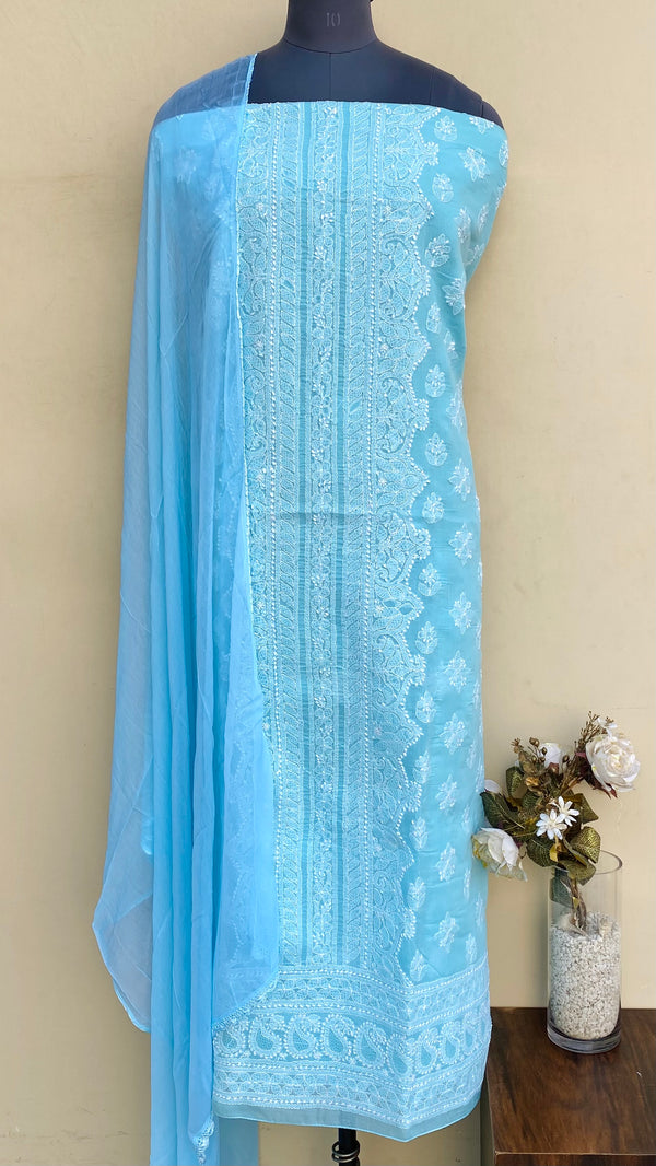 Lucknowi Chikankari Suit Length 3 Piece Blue Cotton With Jaali Work