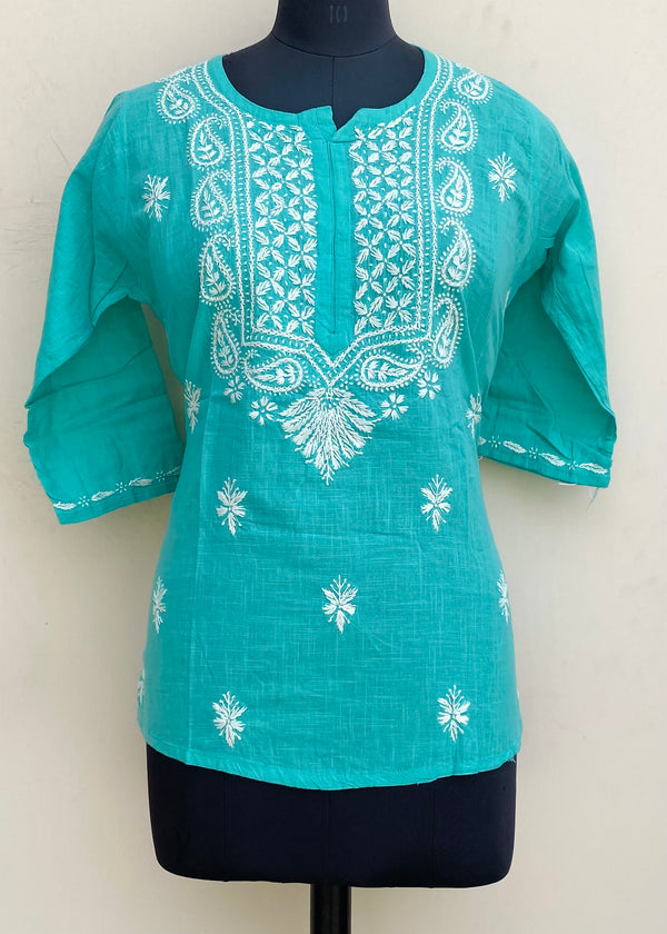 Lucknowi Chikankari Short Kurti Green Linen