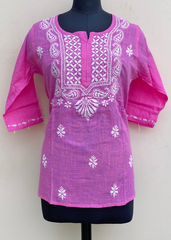 Lucknowi Chikankari Short Kurti Pink Linen