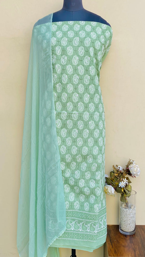 Lucknowi Chikankari Suit Length 3 Piece Teal Green Cotton With Jaali Work