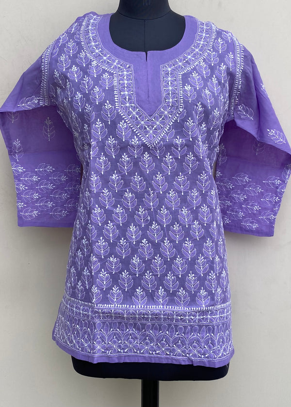 Lucknowi Chikankari Short Kurti Purple Cotton