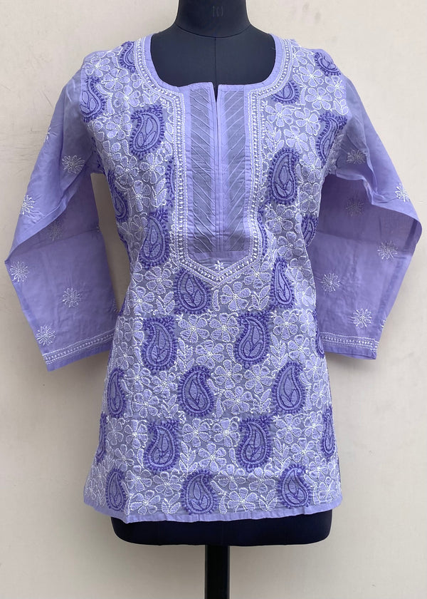 Lucknowi Chikankari Short Kurti Purple Cotton