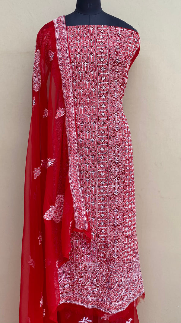 Lucknowi Chikankari Suit Length 3 Piece Red Georgette