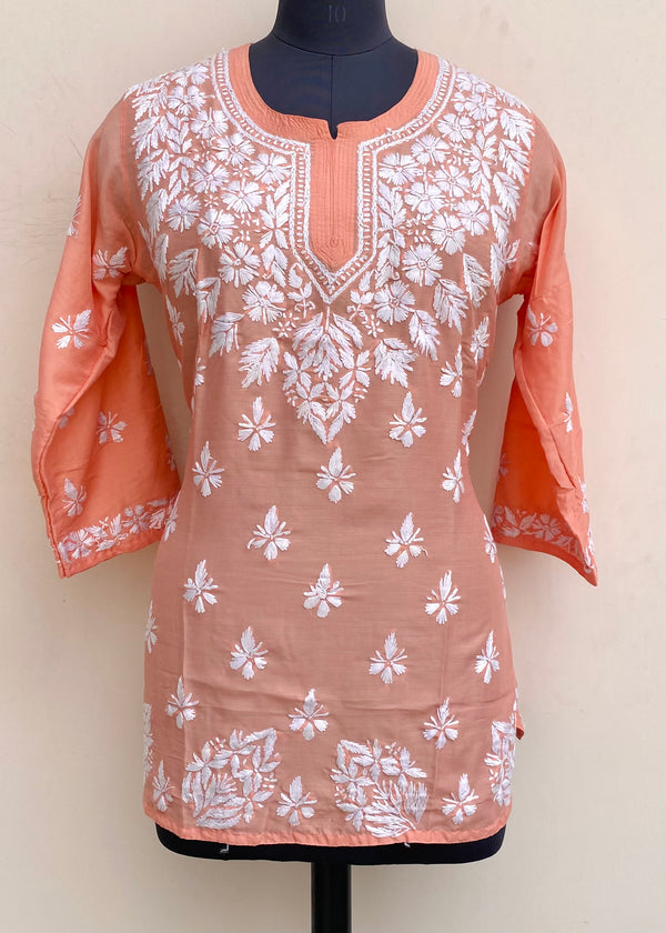 Lucknowi Chikankari Short Kurti Peach Muslin Cotton