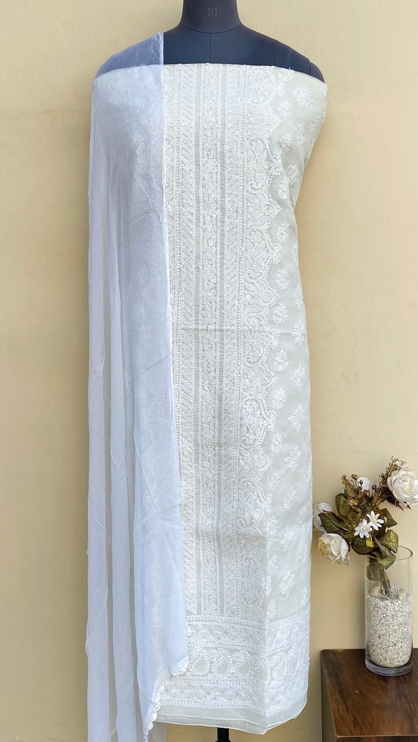 Lucknowi Chikankari Suit Length 3 Piece Off White Cotton With Jaali Work