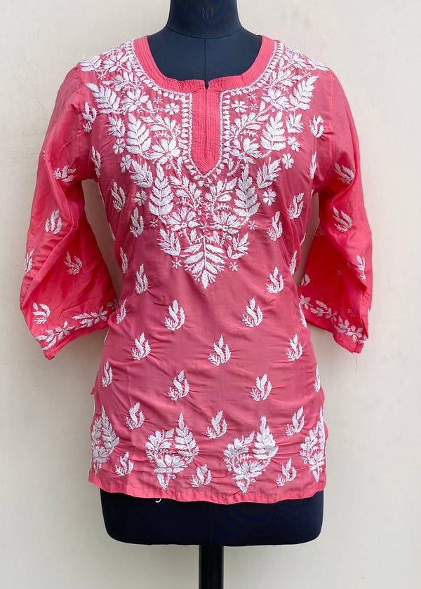 Lucknowi Chikankari Short Kurti Pink Muslin Cotton