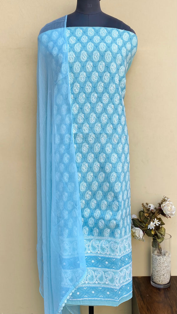 Lucknowi Chikankari Suit Length 3 Piece Blue Cotton With Jaali Work