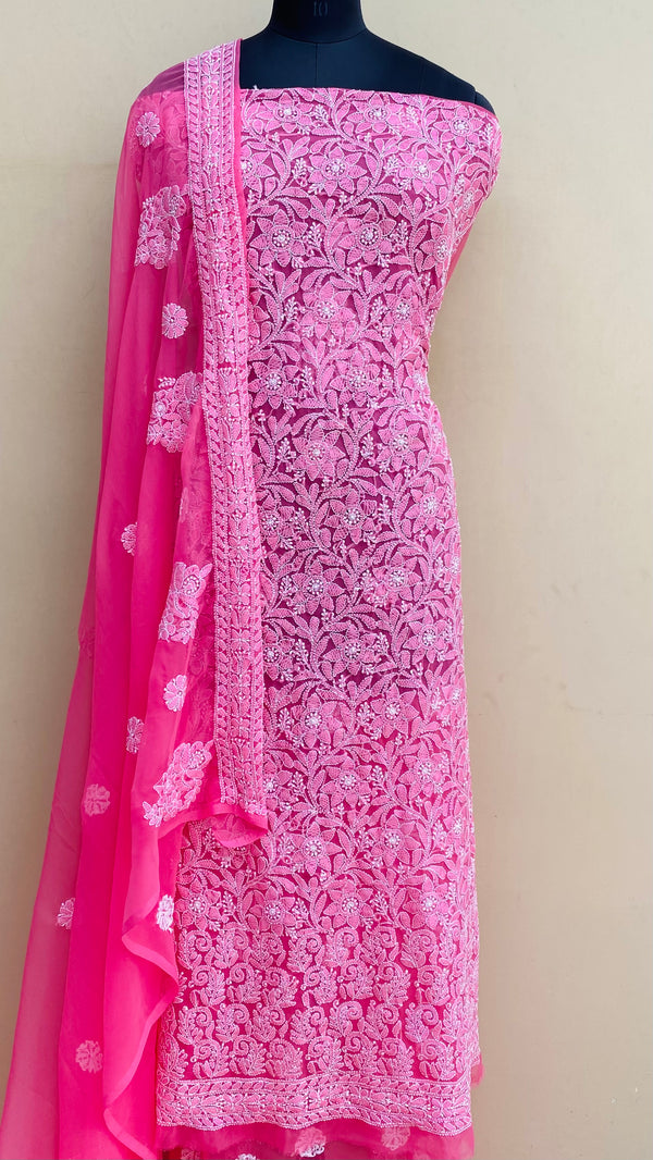 Lucknowi Chikankari Suit Length 3 Piece Pink Georgette