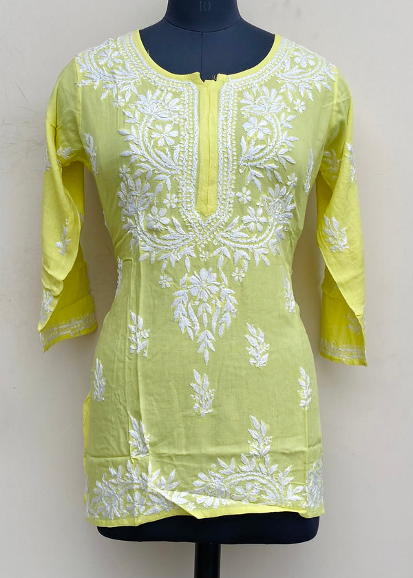 Lucknowi Chikankari Short Kurti Yellow Modal Cotton