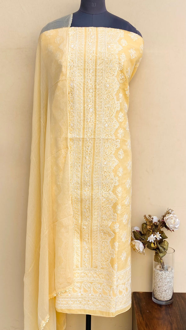 Lucknowi Chikankari Suit Length 3 Piece Yellow Cotton With Jaali Work