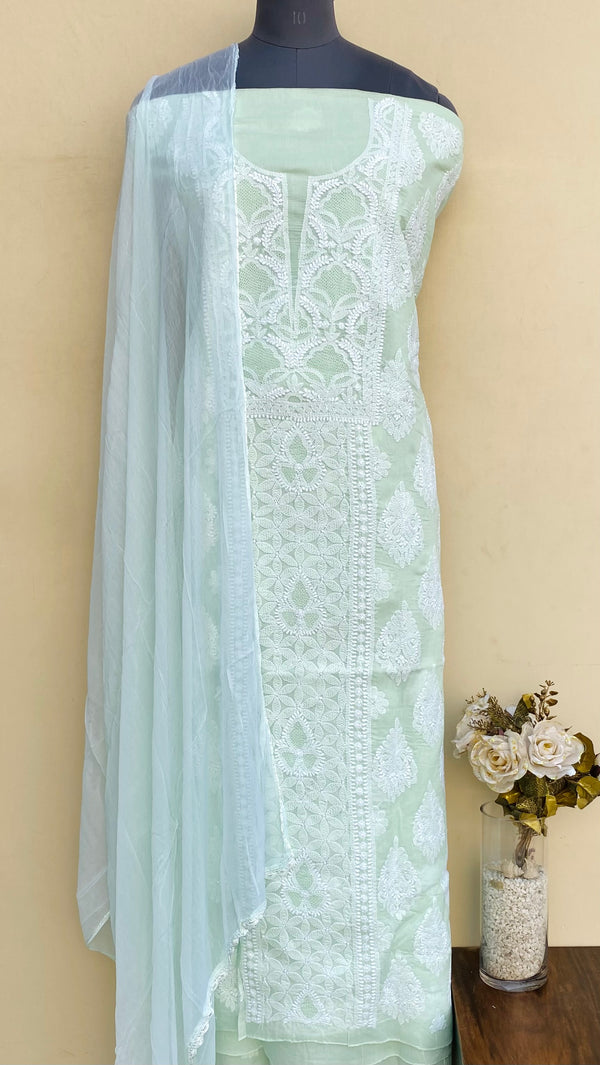 Lucknowi Chikankari Suit Length 3 Piece Mint Green Cotton With Jaali Work