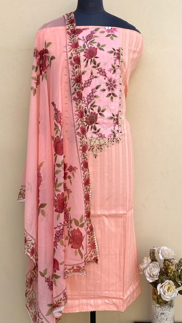 Designer Embroidered Suit Length 3 Piece Peach Cotton With Pearl Work