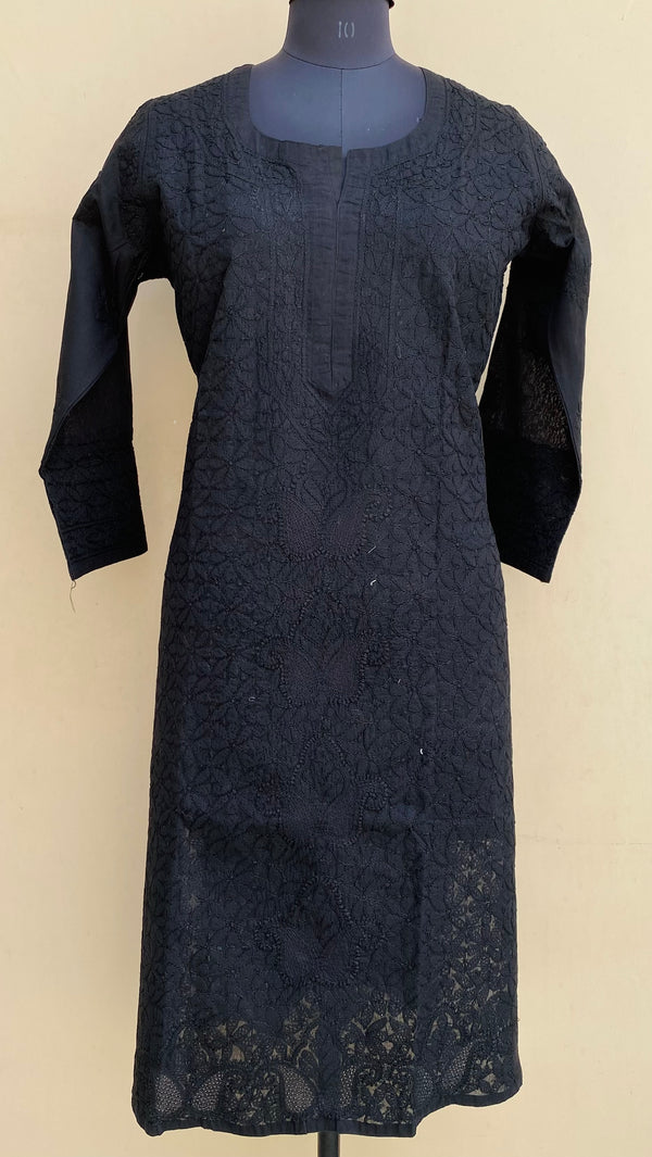 Lucknowi Chikankari Self Kurti Black Cotton With Jaali Work