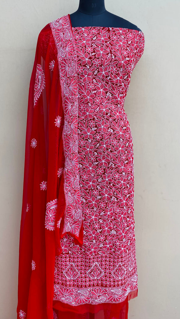 Lucknowi Chikankari Suit Length 3 Piece Red Georgette