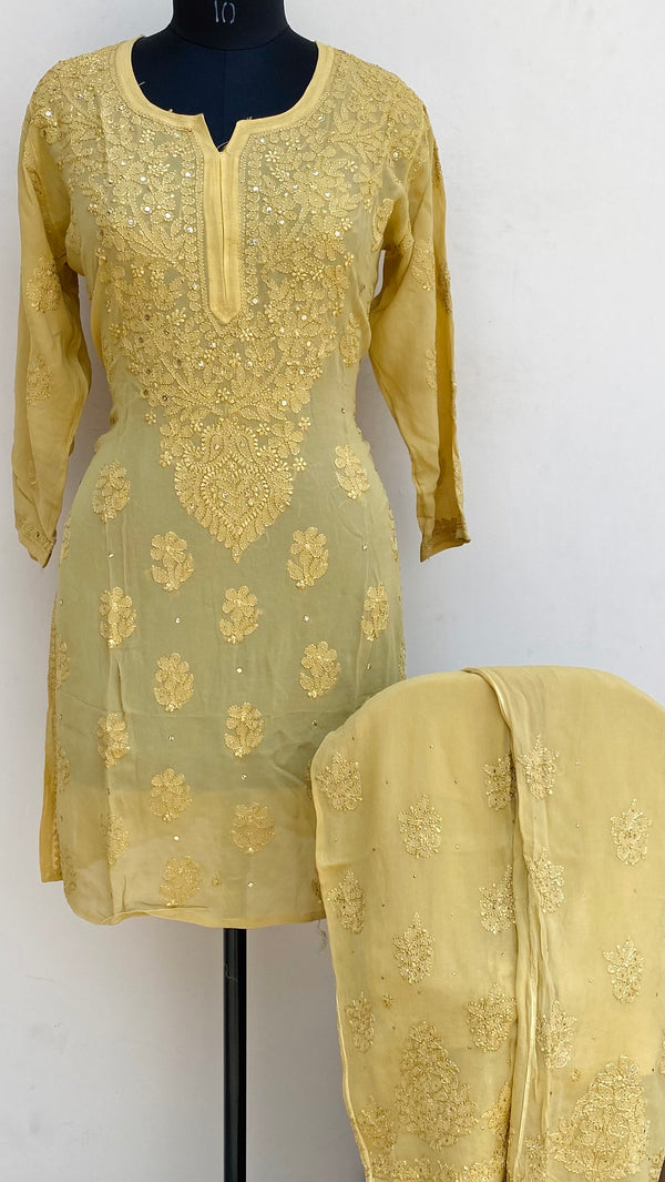 Lucknowi Chikankari Co-ord Set Yellow Pure Georgette With Resham & Mukaish Work