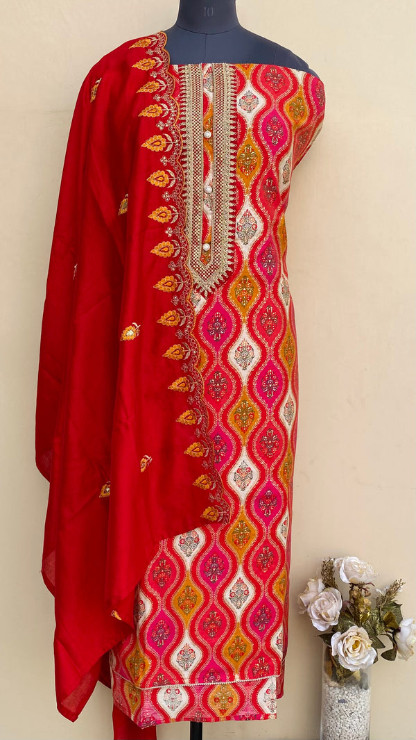 Designer Embroidered Suit Length 3 Piece Red Muslin Cotton